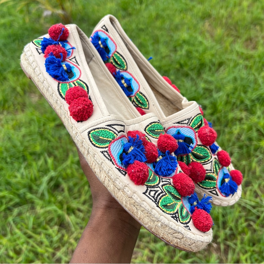 Tory Burch Ellis Pom Pom Embroidered Espadrille Flats Leather Textile Shoes 7.5 - Picture 4 of 11